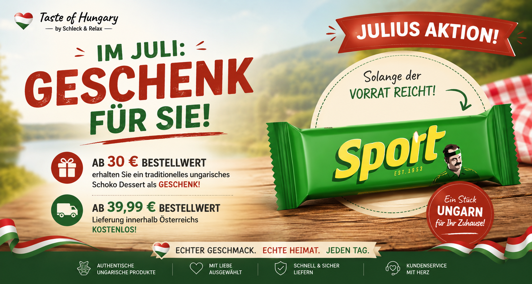 Juli-Aktion | 10 % Rabatt + GRATIS Sport Schokoriegel 01.07.2026-31.07.2026